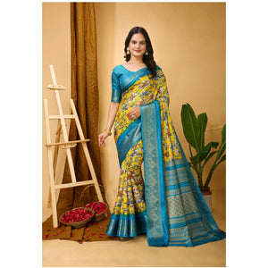 Generic Women's Soft Dola Cotton Kalamkari Printed Saree With Unstitched Blouse 5.5Mtr (Yellow)