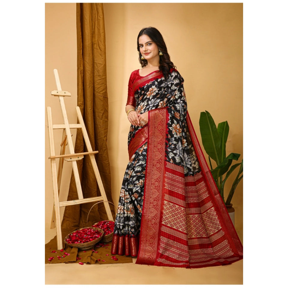 Generic Women's Soft Dola Cotton Kalamkari Printed Saree With Unstitched Blouse 5.5Mtr (Black)