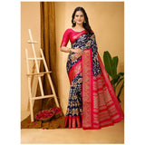 Generic Women's Soft Dola Cotton Kalamkari Printed Saree With Unstitched Blouse 5.5Mtr (Navy Blue)