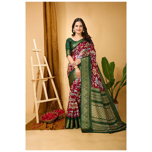 Generic Women's Soft Dola Cotton Kalamkari Printed Saree With Unstitched Blouse 5.5Mtr (Maroon)