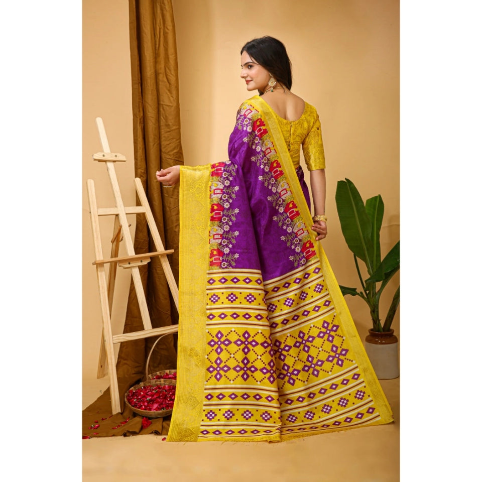 Generic Women's Soft Dola Cotton Kalamkari Printed Saree With Unstitched Blouse 5.5Mtr (Purple)