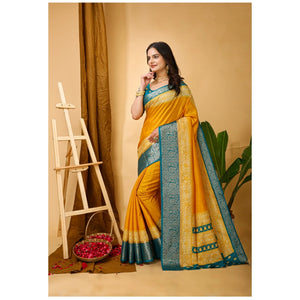 Generic Women's Soft Dola Cotton Kalamkari Printed Saree With Unstitched Blouse 5.5Mtr (Yellow)