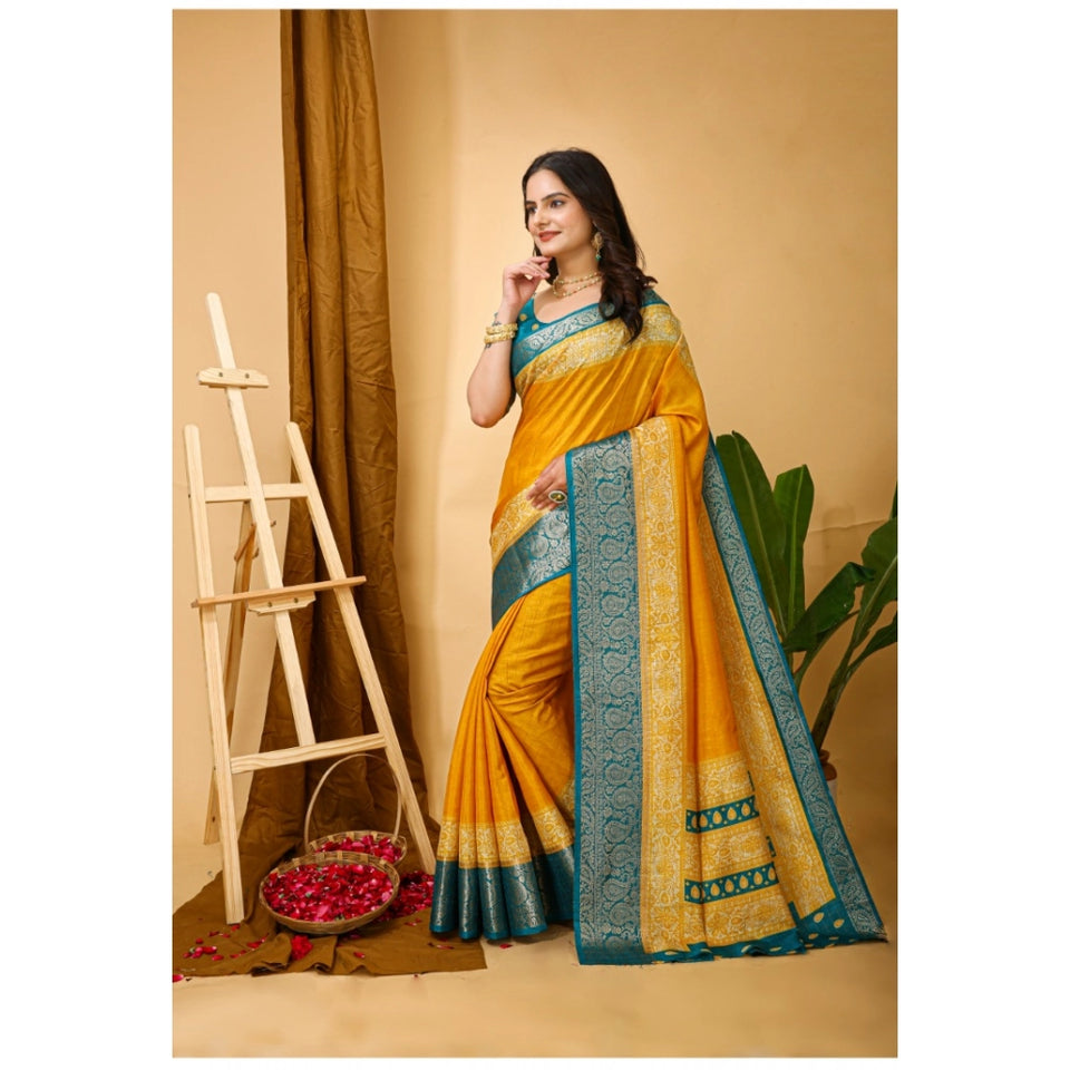 Generic Women's Soft Dola Cotton Kalamkari Printed Saree With Unstitched Blouse 5.5Mtr (Yellow)