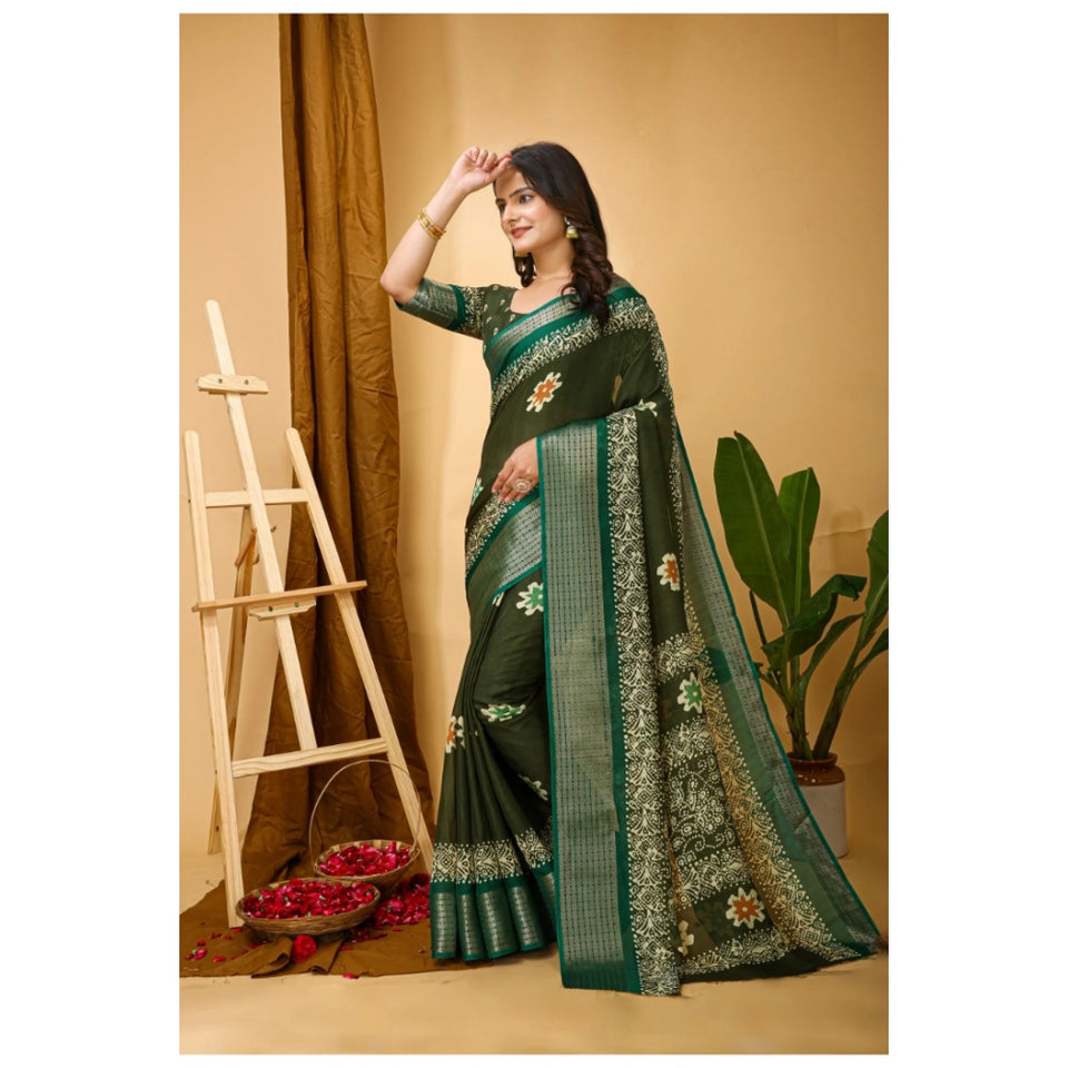 Generic Women's Soft Blooming Marshmallow Fabric Kalamkari Printed Saree With Unstitched Blouse 5.5Mtr (Green)