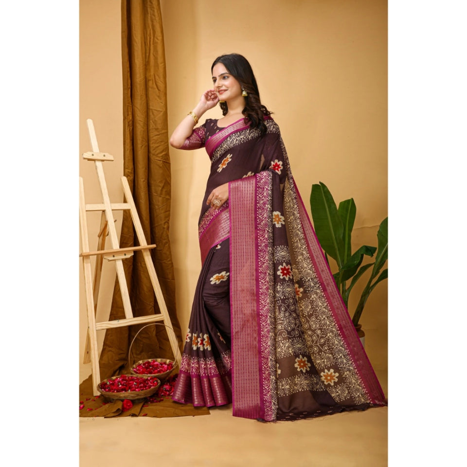 Generic Women's Soft Blooming Marshmallow Fabric Kalamkari Printed Saree With Unstitched Blouse 5.5Mtr (Maroon)