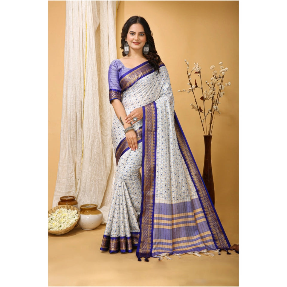 Generic Women's Soft Cotton Silk Printed Saree With Unstitched Blouse 5.5Mtr (Purple)