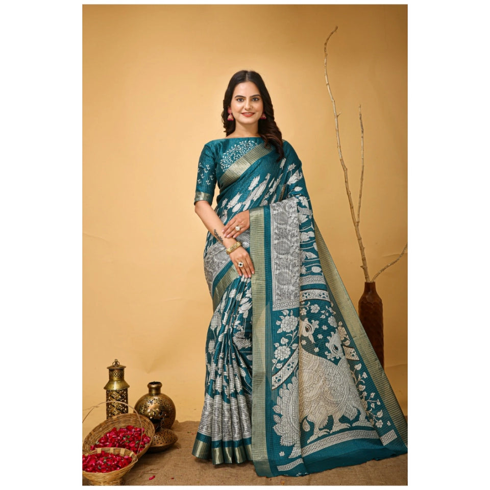 Generic Women's Soft Handloom Cotton Kalamkari Printed Saree With Unstitched Blouse 5.5Mtr (Turquoise)