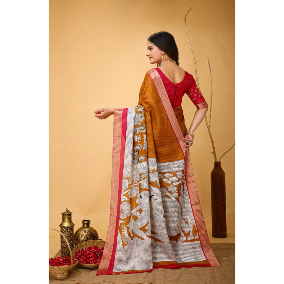 Generic Women's Soft Handloom Cotton Kalamkari Printed Saree With Unstitched Blouse 5.5Mtr (Mustard)