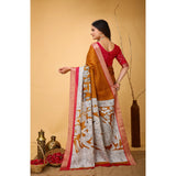 Generic Women's Soft Handloom Cotton Kalamkari Printed Saree With Unstitched Blouse 5.5Mtr (Mustard)