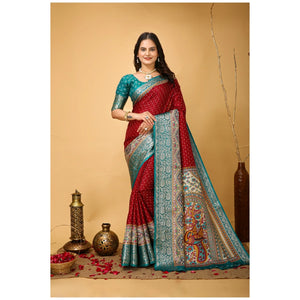 Generic Women's Soft Dola Cotton Kalamkari Printed Saree With Unstitched Blouse 5.5Mtr (Red)