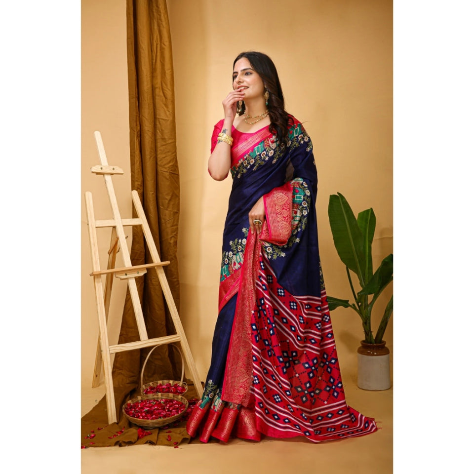 Generic Women's Soft Dola Cotton Kalamkari Printed Saree With Unstitched Blouse 5.5Mtr (Navy Blue)