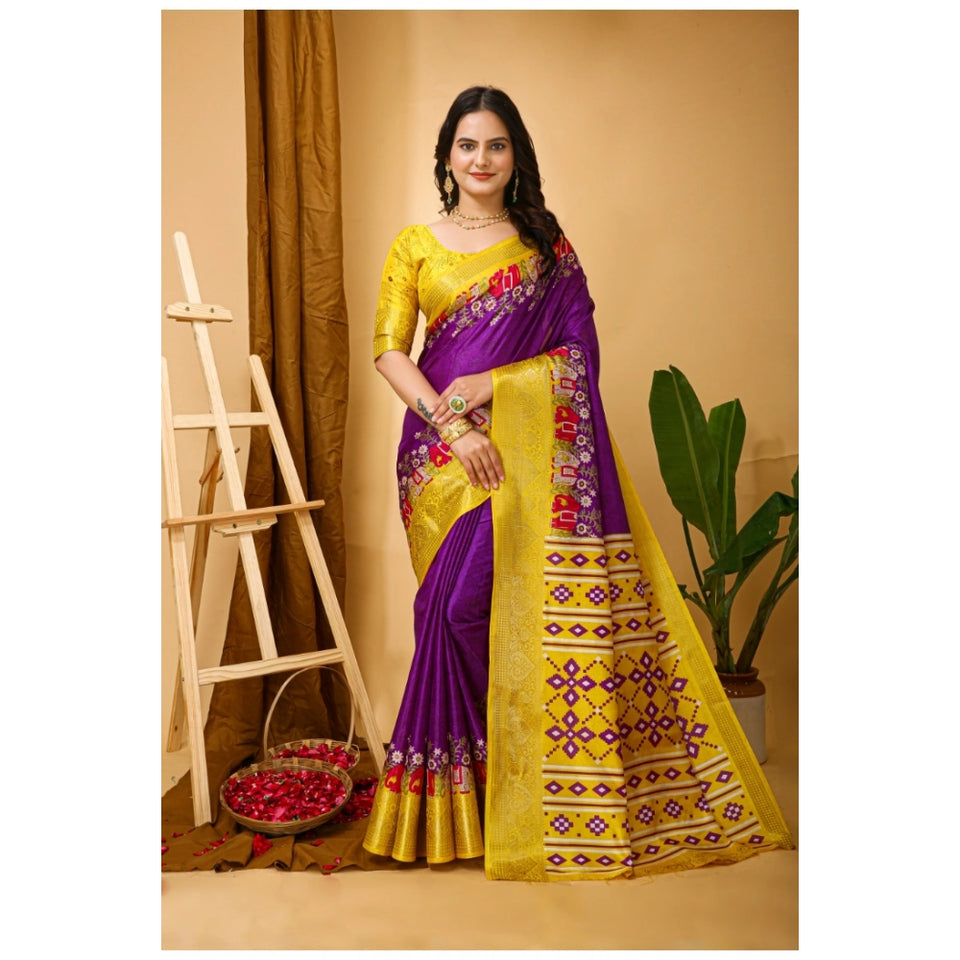 Generic Women's Soft Dola Cotton Kalamkari Printed Saree With Unstitched Blouse 5.5Mtr (Purple)