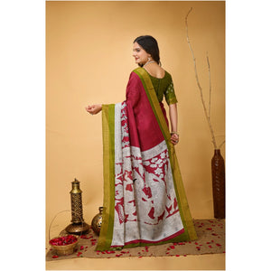Generic Women's Soft Handloom Cotton Kalamkari Printed Saree With Unstitched Blouse 5.5Mtr (Maroon)