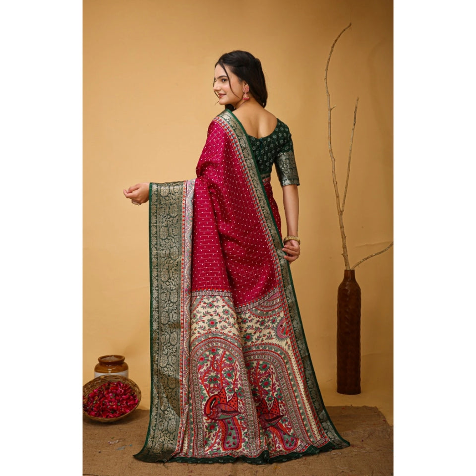 Generic Women's Soft Dola Cotton Kalamkari Printed Saree With Unstitched Blouse 5.5Mtr (Maroon)