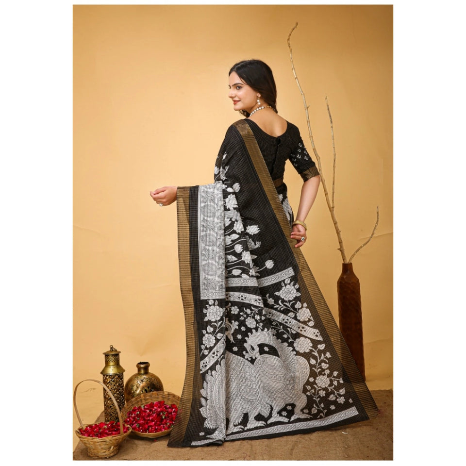 Generic Women's Soft Handloom Cotton Kalamkari Printed Saree With Unstitched Blouse 5.5Mtr (Black)