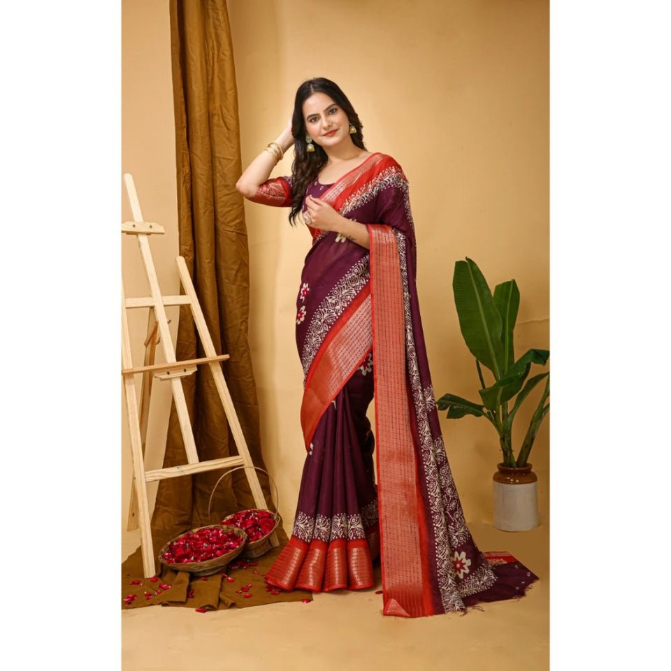 Generic Women's Soft Blooming Marshmallow Fabric Kalamkari Printed Saree With Unstitched Blouse 5.5Mtr (Wine)