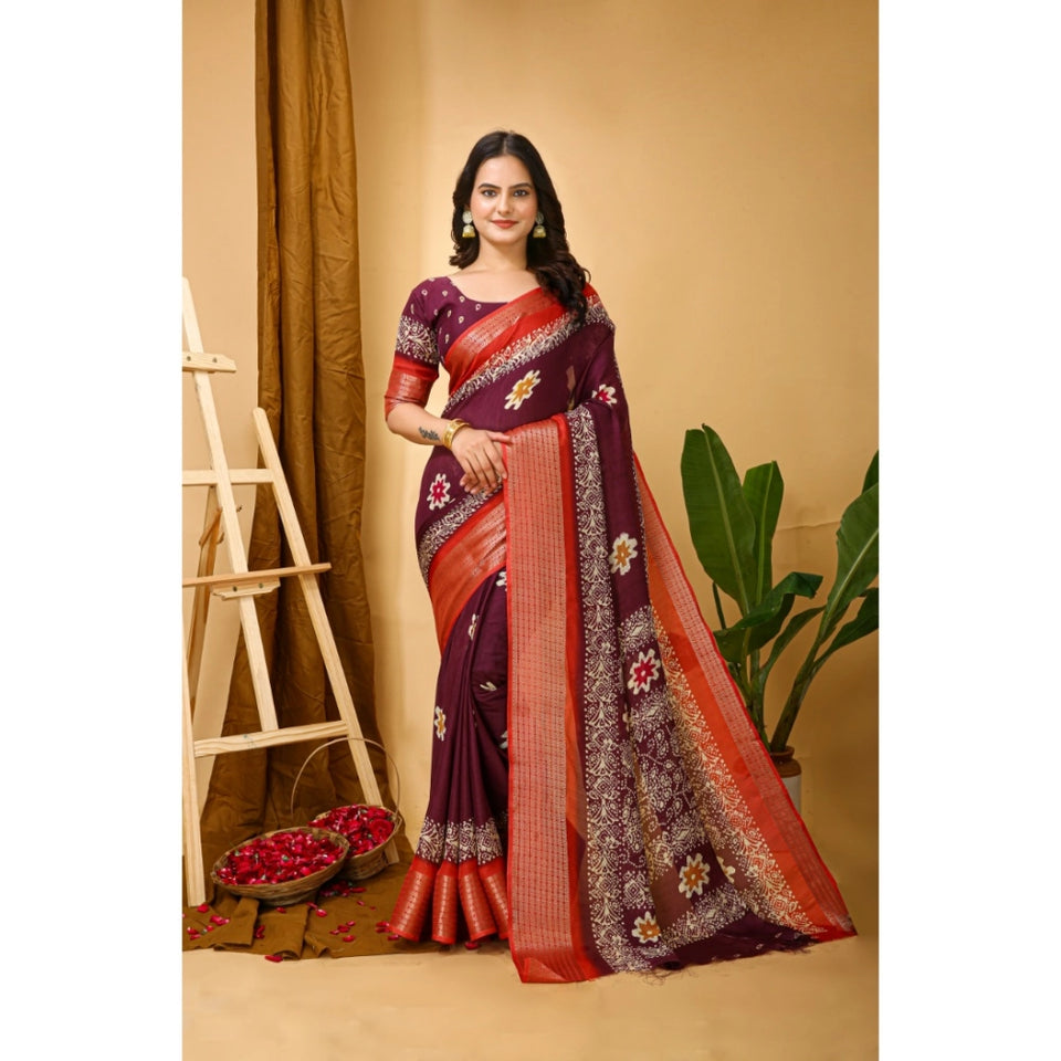 Generic Women's Soft Blooming Marshmallow Fabric Kalamkari Printed Saree With Unstitched Blouse 5.5Mtr (Wine)