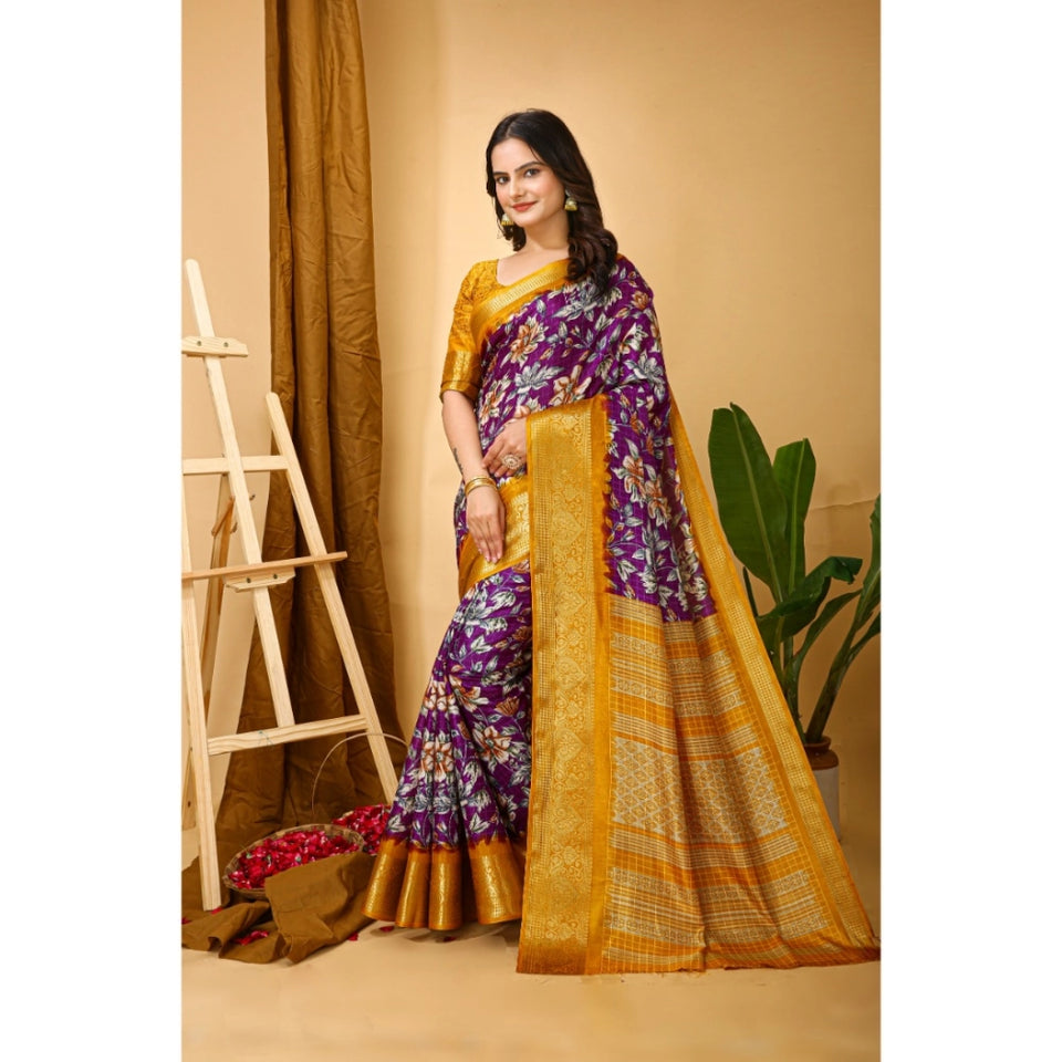 Generic Women's Soft Dola Cotton Kalamkari Printed Saree With Unstitched Blouse 5.5Mtr (Purple)