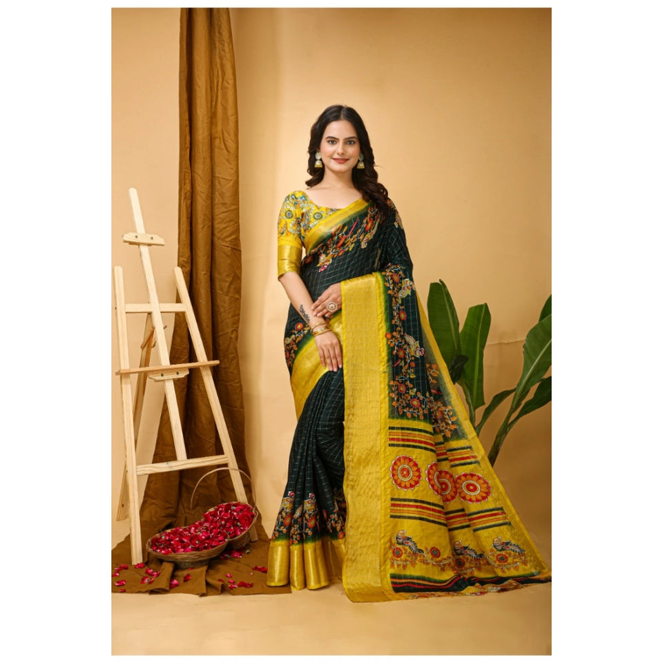Generic Women's Soft Dola Cotton Kalamkari Printed Saree With Unstitched Blouse 5.5Mtr (Green)