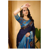 Generic Women's Soft Dola Cotton Kalamkari Printed Saree With Unstitched Blouse 5.5Mtr (Navy Blue)