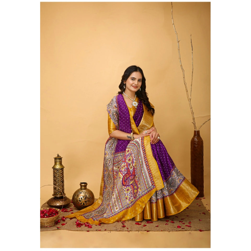 Generic Women's Soft Dola Cotton Kalamkari Printed Saree With Unstitched Blouse 5.5Mtr (Purple)