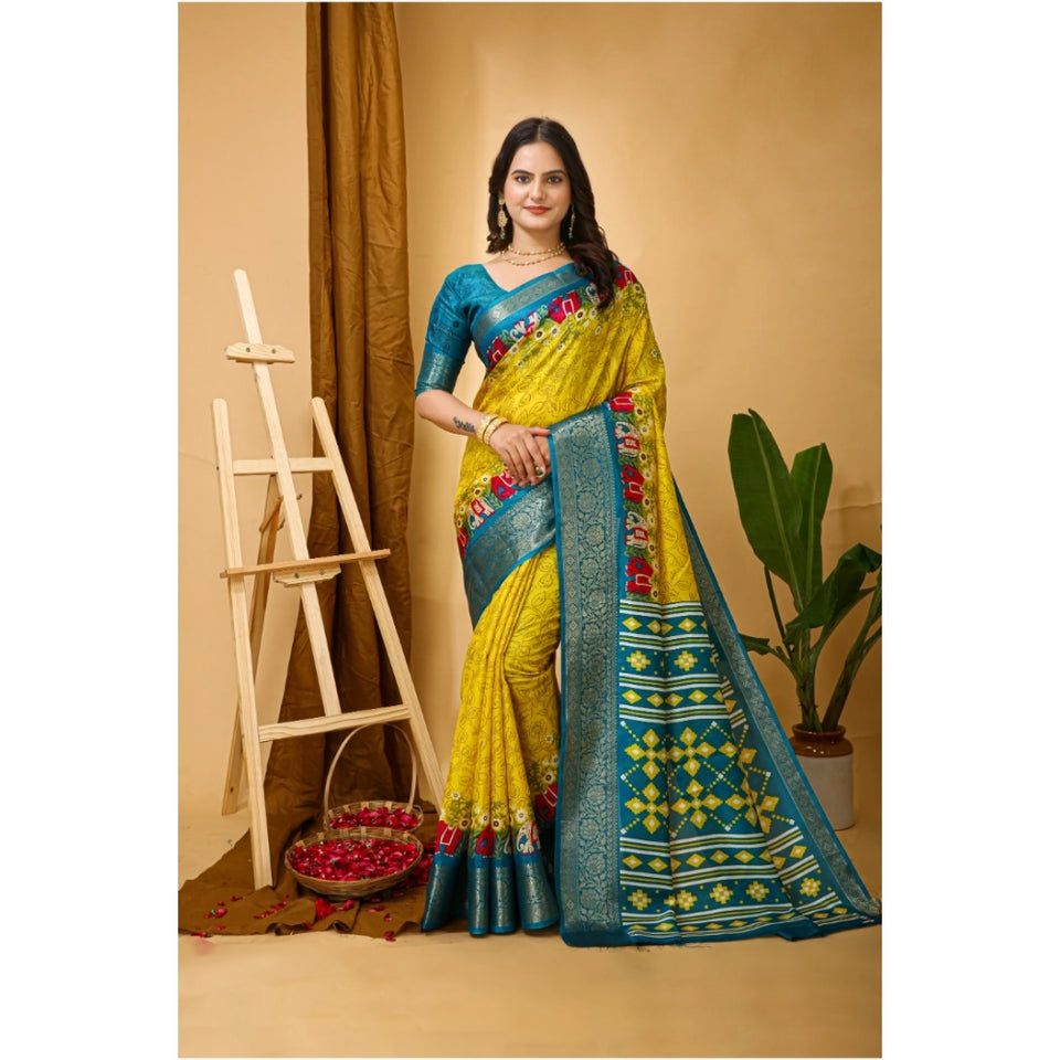 Generic Women's Soft Dola Cotton Kalamkari Printed Saree With Unstitched Blouse 5.5Mtr (Yellow)