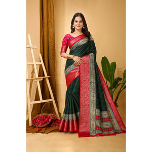 Generic Women's Soft Dola Cotton Kalamkari Printed Saree With Unstitched Blouse 5.5Mtr (B.Green)