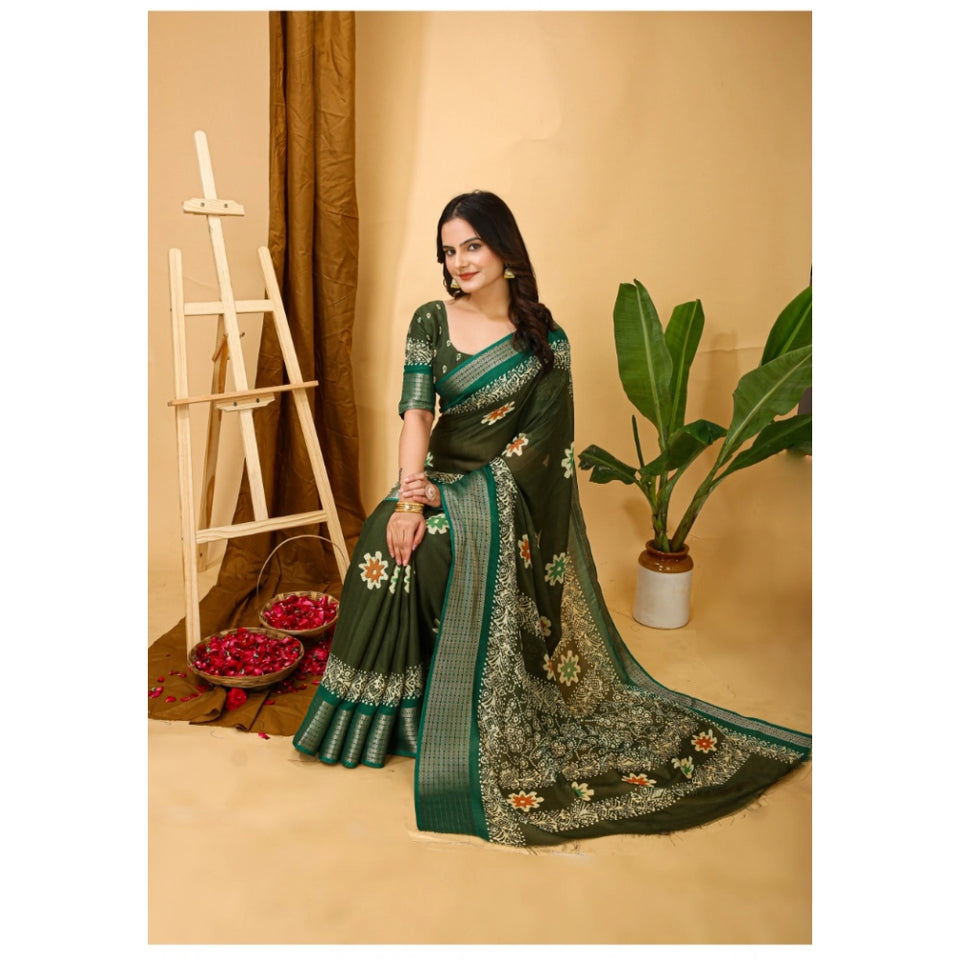 Generic Women's Soft Blooming Marshmallow Fabric Kalamkari Printed Saree With Unstitched Blouse 5.5Mtr (Green)