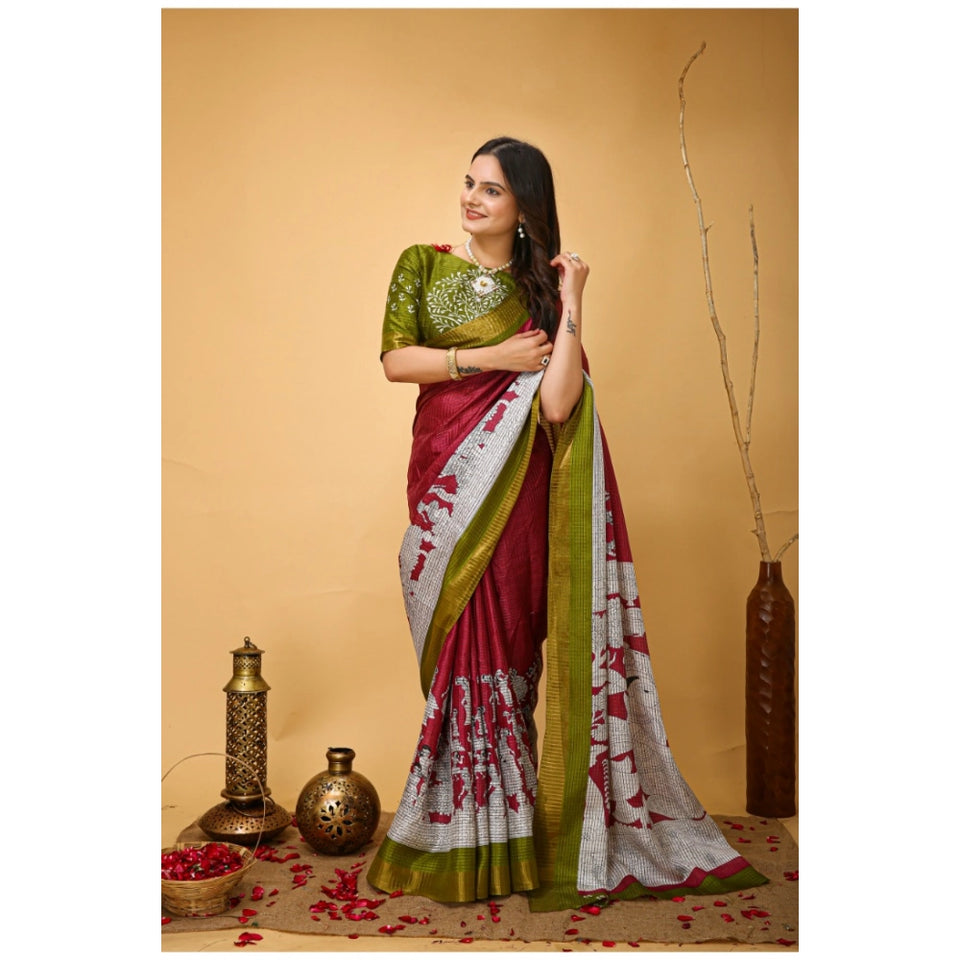 Generic Women's Soft Handloom Cotton Kalamkari Printed Saree With Unstitched Blouse 5.5Mtr (Maroon)