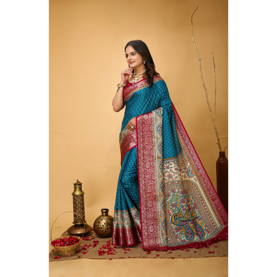 Generic Women's Soft Dola Cotton Kalamkari Printed Saree With Unstitched Blouse 5.5Mtr (Sky Blue)