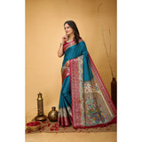 Generic Women's Soft Dola Cotton Kalamkari Printed Saree With Unstitched Blouse 5.5Mtr (Sky Blue)