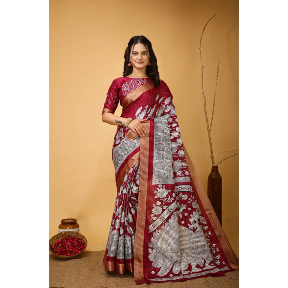 Generic Women's Soft Handloom Cotton Kalamkari Printed Saree With Unstitched Blouse 5.5Mtr (Maroon)