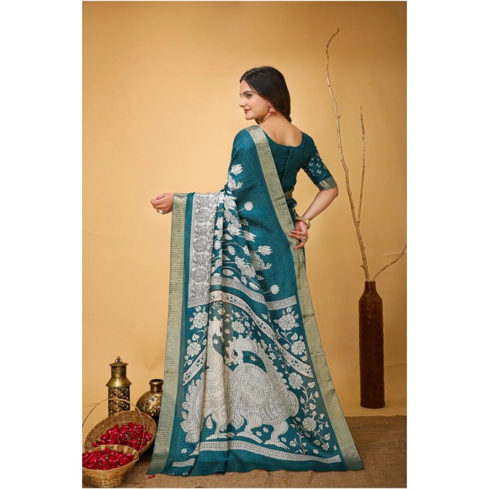 Generic Women's Soft Handloom Cotton Kalamkari Printed Saree With Unstitched Blouse 5.5Mtr (Turquoise)