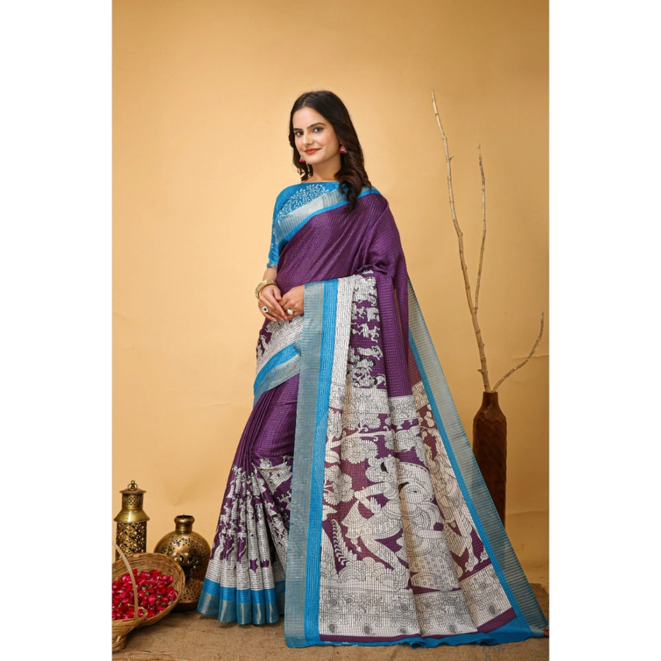 Generic Women's Soft Handloom Cotton Kalamkari Printed Saree With Unstitched Blouse 5.5Mtr (Purple)
