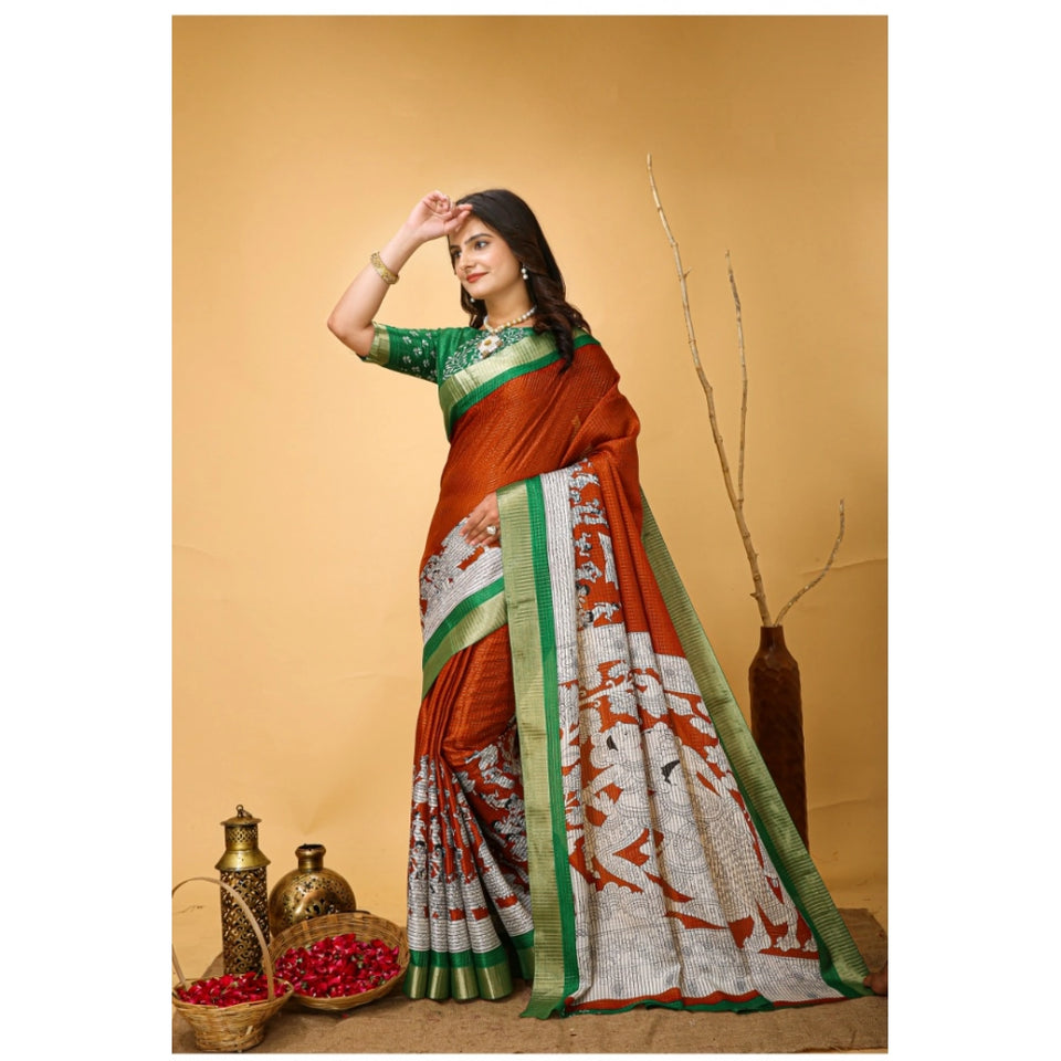 Generic Women's Soft Handloom Cotton Kalamkari Printed Saree With Unstitched Blouse 5.5Mtr (Orange)