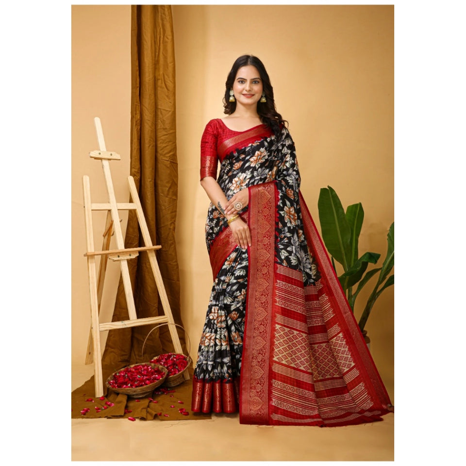 Generic Women's Soft Dola Cotton Kalamkari Printed Saree With Unstitched Blouse 5.5Mtr (Black)