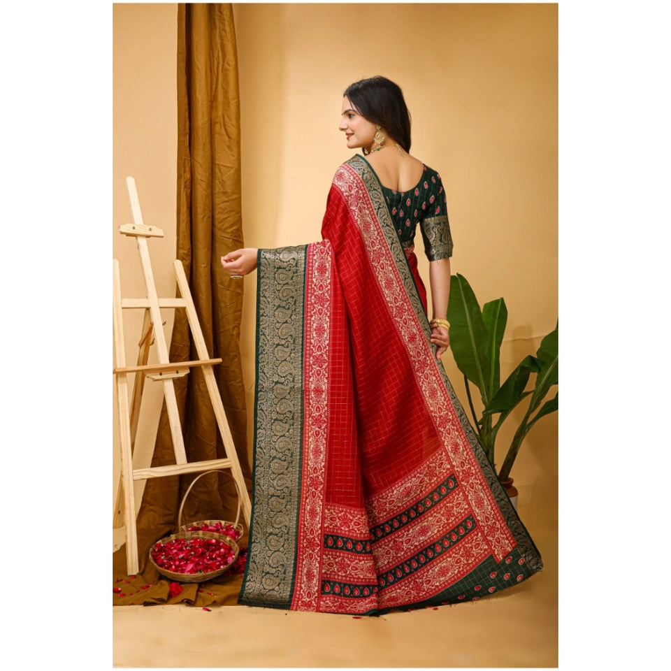 Generic Women's Soft Dola Cotton Kalamkari Printed Saree With Unstitched Blouse 5.5Mtr (Red)