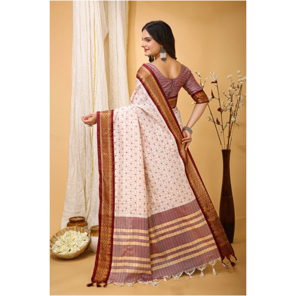 Generic Women's Soft Cotton Silk Printed Saree With Unstitched Blouse 5.5Mtr (Maroon)