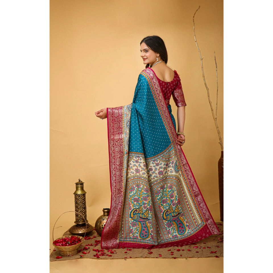 Generic Women's Soft Dola Cotton Kalamkari Printed Saree With Unstitched Blouse 5.5Mtr (Sky Blue)