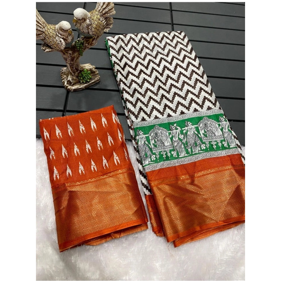 Generic Women's Soft Dola Cotton Kalamkari Printed Saree With Unstitched Blouse 5.5Mtr (Orange)