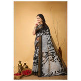 Generic Women's Soft Handloom Cotton Kalamkari Printed Saree With Unstitched Blouse 5.5Mtr (Black)