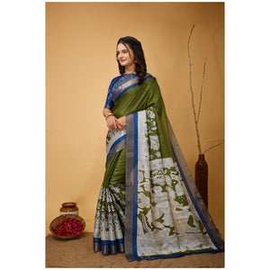 Generic Women's Soft Handloom Cotton Kalamkari Printed Saree With Unstitched Blouse 5.5Mtr (Mehendi)