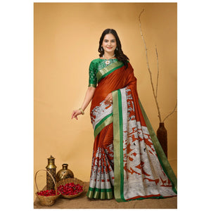Generic Women's Soft Handloom Cotton Kalamkari Printed Saree With Unstitched Blouse 5.5Mtr (Orange)