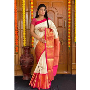 Generic Women's Soft Lichi Silk Printed Saree With Unstitched Blouse 5.5Mtr (Cream)
