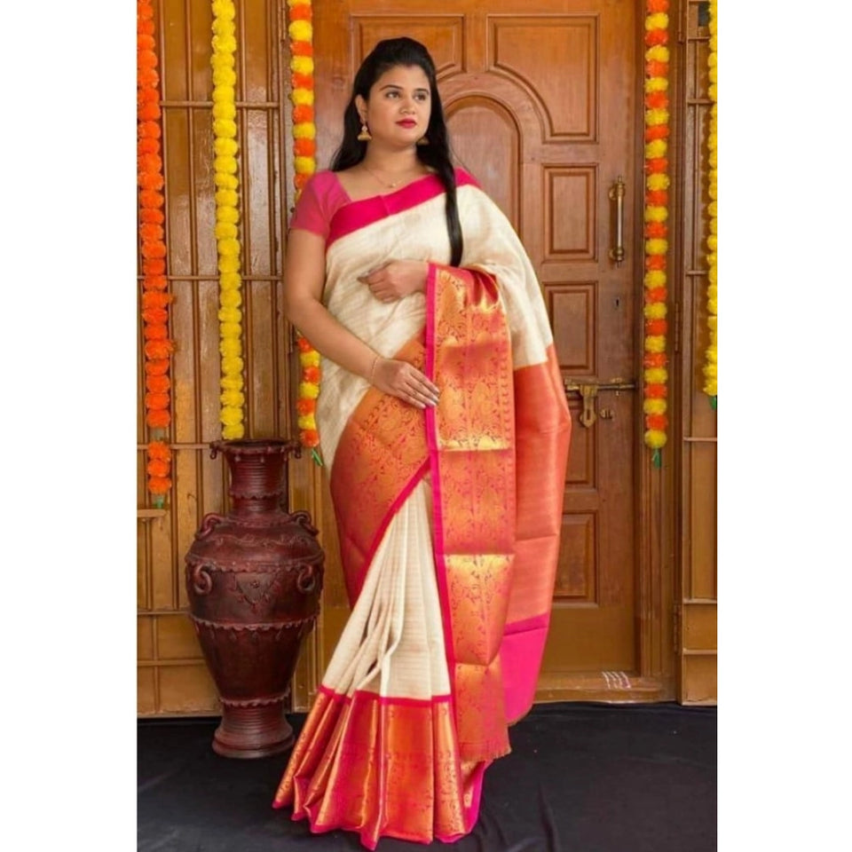 Generic Women's Soft Lichi Silk Printed Saree With Unstitched Blouse 5.5Mtr (Cream)