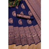 Generic Women's Soft Lichi Silk Printed Saree With Unstitched Blouse 5.5Mtr (Navy Blue)