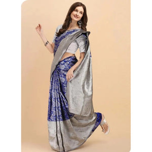 Generic Women's Soft Lichi Silk Printed Saree With Unstitched Blouse 5.5Mtr (Blue)