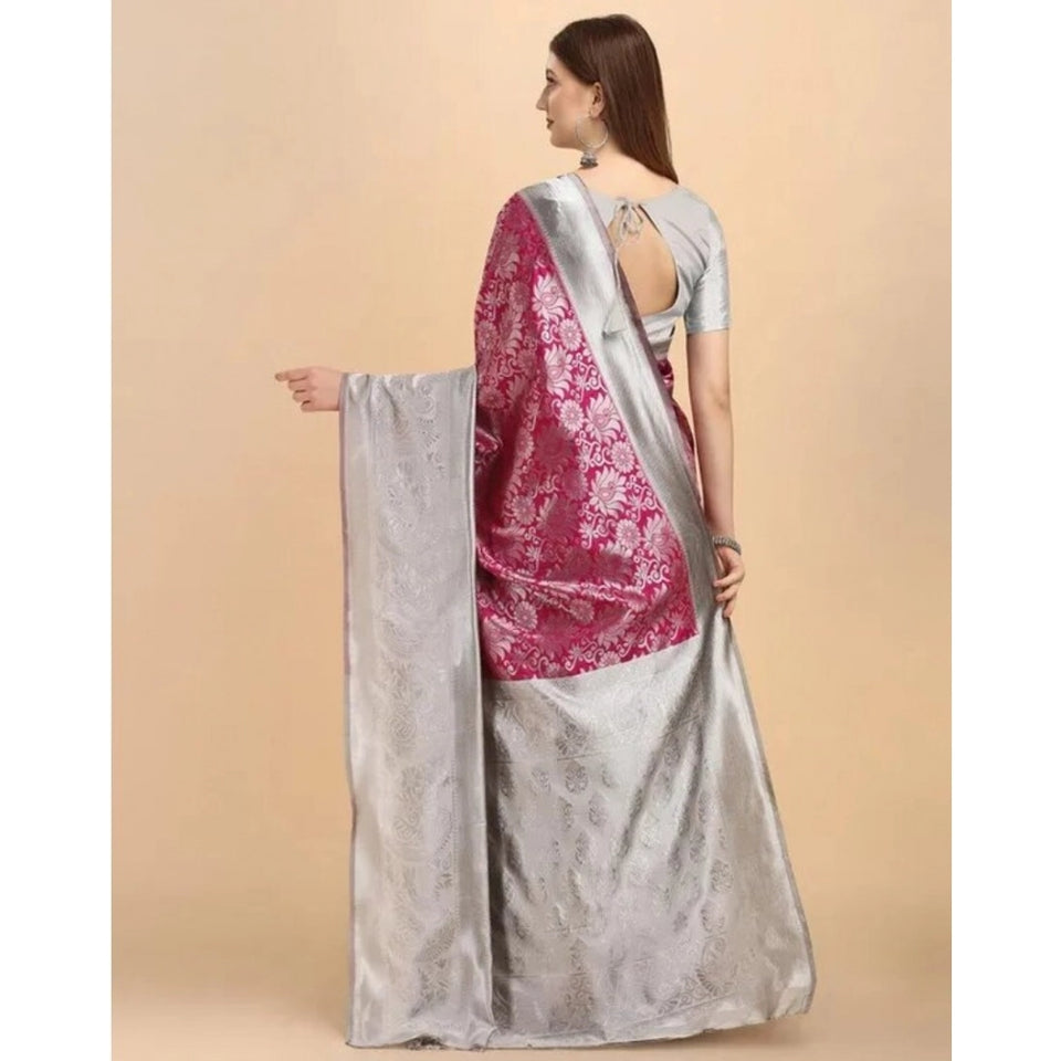 Generic Women's Soft Lichi Silk Printed Saree With Unstitched Blouse 5.5Mtr (Pink)