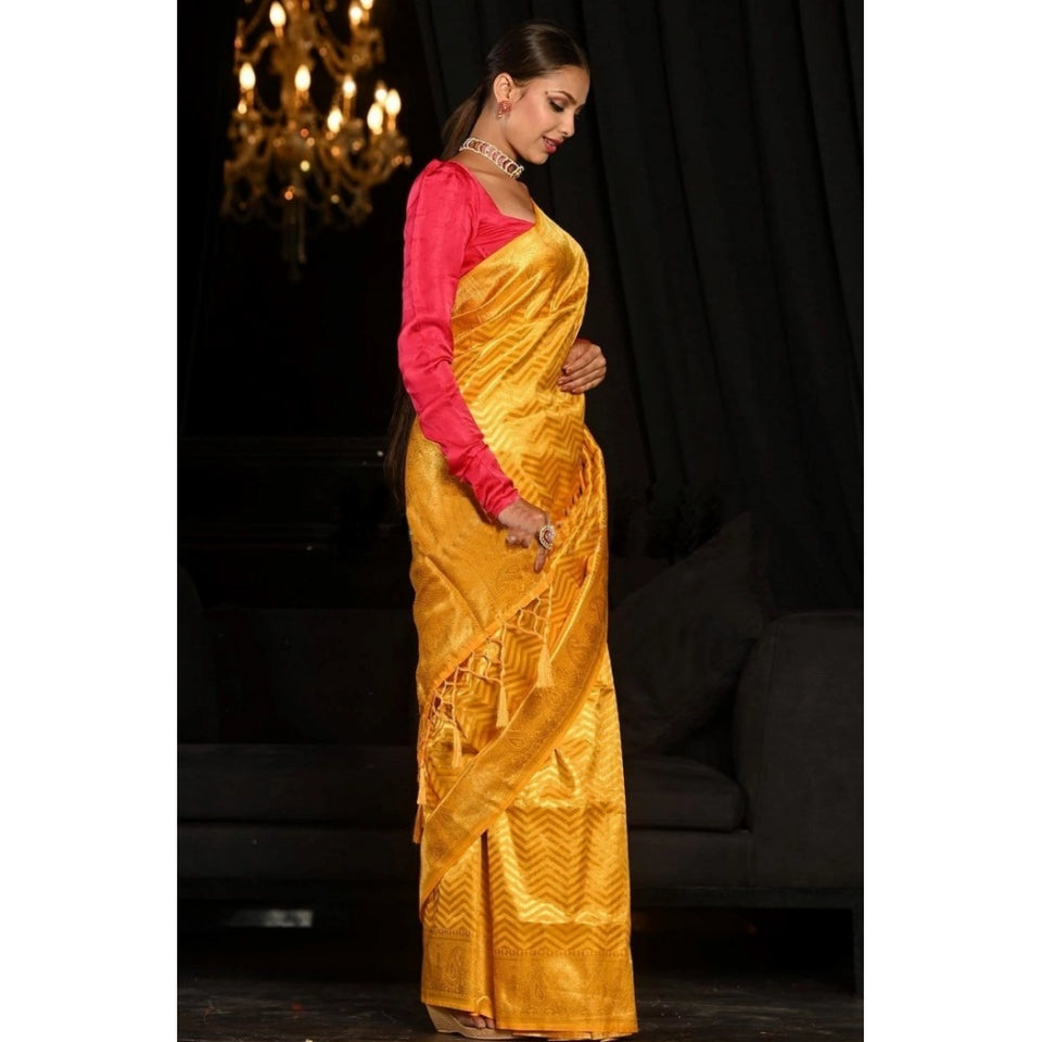 Generic Women's Soft Lichi Silk Woven Saree With Unstitched Blouse 5.5Mtr (Yellow)