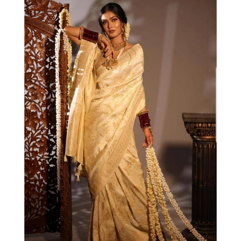Generic Women's Soft Lichi Silk Printed Saree With Unstitched Blouse 5.5Mtr (Golden)